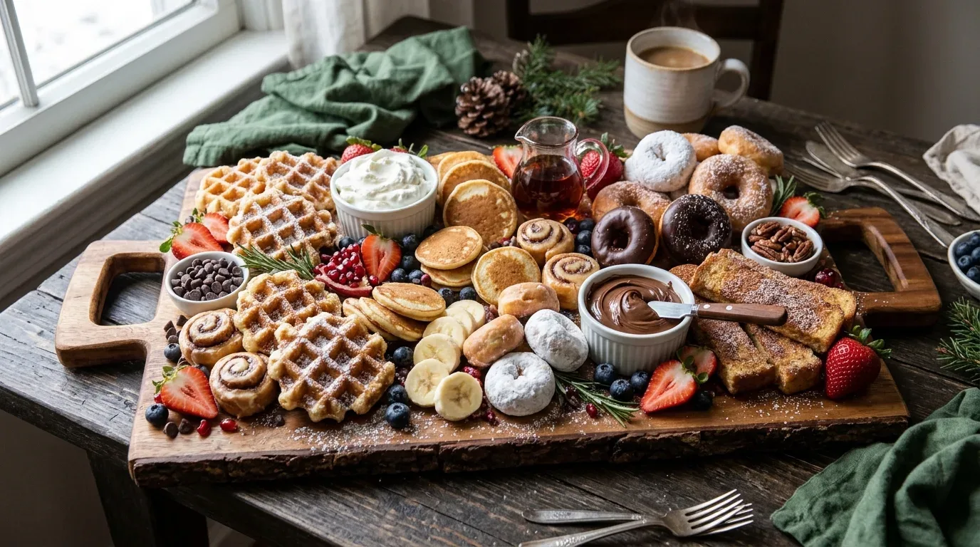 Mini cheesecake dessert board with cheesecake bites, chocolate mousse cups, berries, wafers, and chocolate curls.