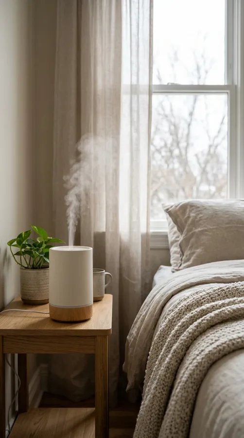 Humidifier in a cozy winter bedroom to help maintain comfortable indoor humidity.