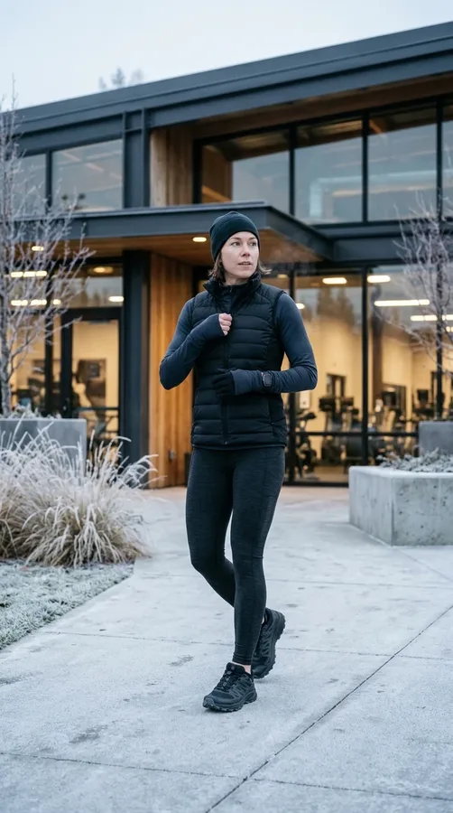 Thermal leggings and a lightweight puffer vest add warmth for outdoor winter warm-ups.