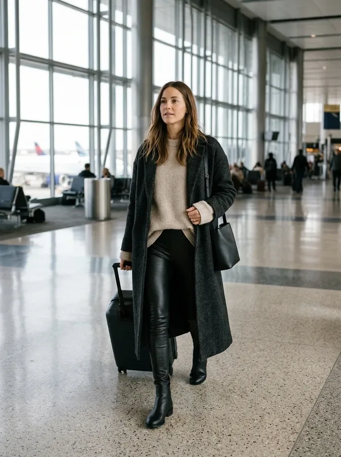 Black faux-leather leggings with an oversized oatmeal sweater and long coat for a stylish winter airport outfit.