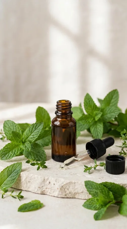 Peppermint essential oil with fresh mint leaves for a refreshing scalp routine