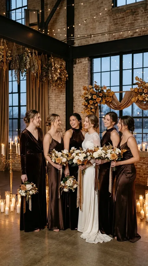 Chocolate brown bridesmaid dresses paired with cream flowers and warm gold accents.