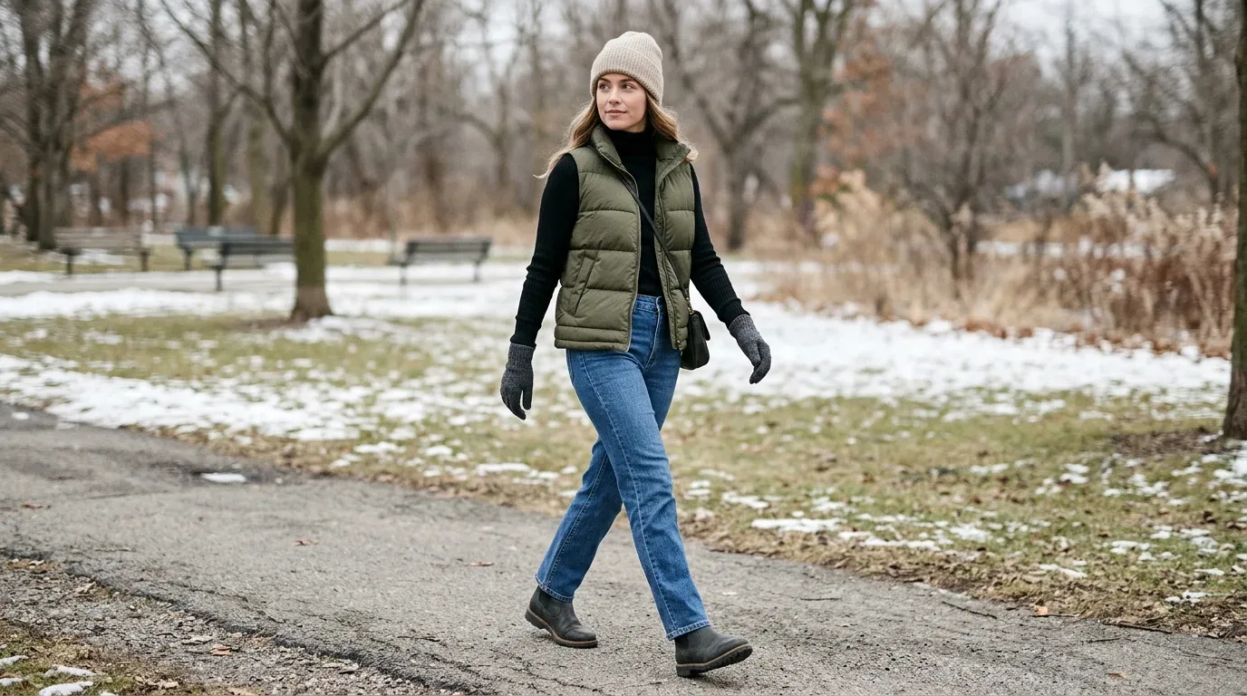 Black turtleneck and olive puffer vest paired with blue jeans and practical winter boots.