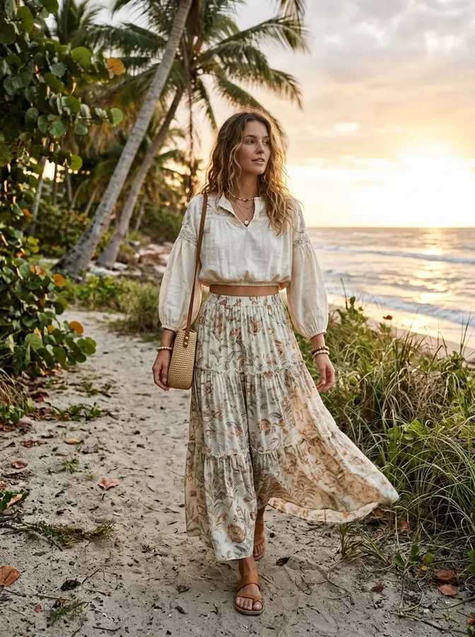 Boho maxi skirt and cropped blouse styled for a tropical sunset walk.