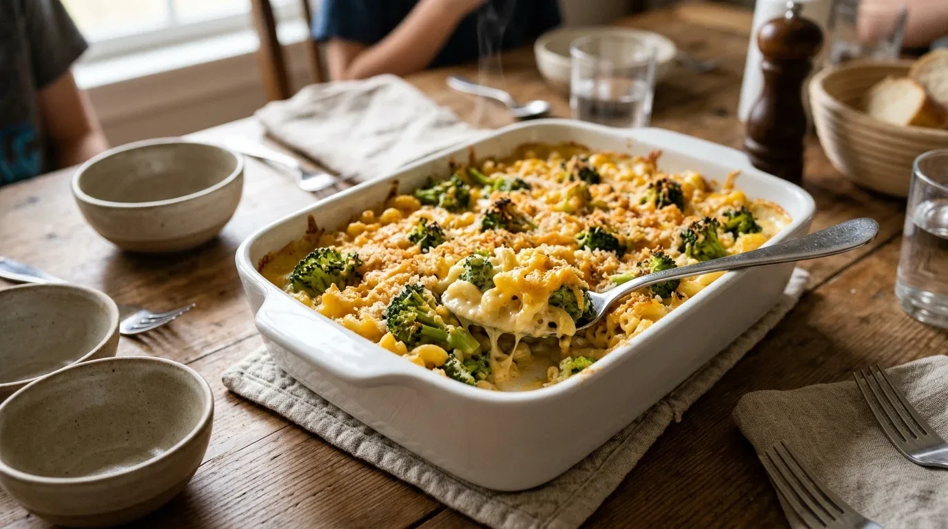 Creamy macaroni and cheese with tender broccoli florets.