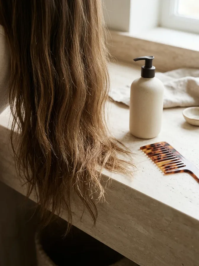 Dry, chemically damaged hair ends beside gentle hair-care essentials.