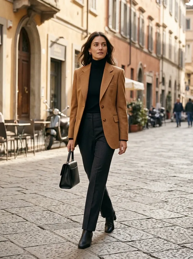 Camel blazer, black fine-knit turtleneck, and tailored trousers for mild Italian winter weather.