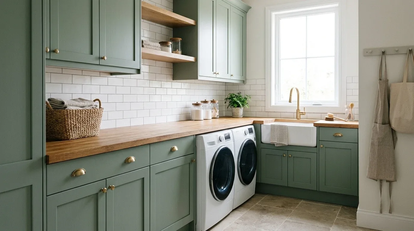 Muted sage green farmhouse laundry cabinets paired with warm wood countertops and brass hardware.