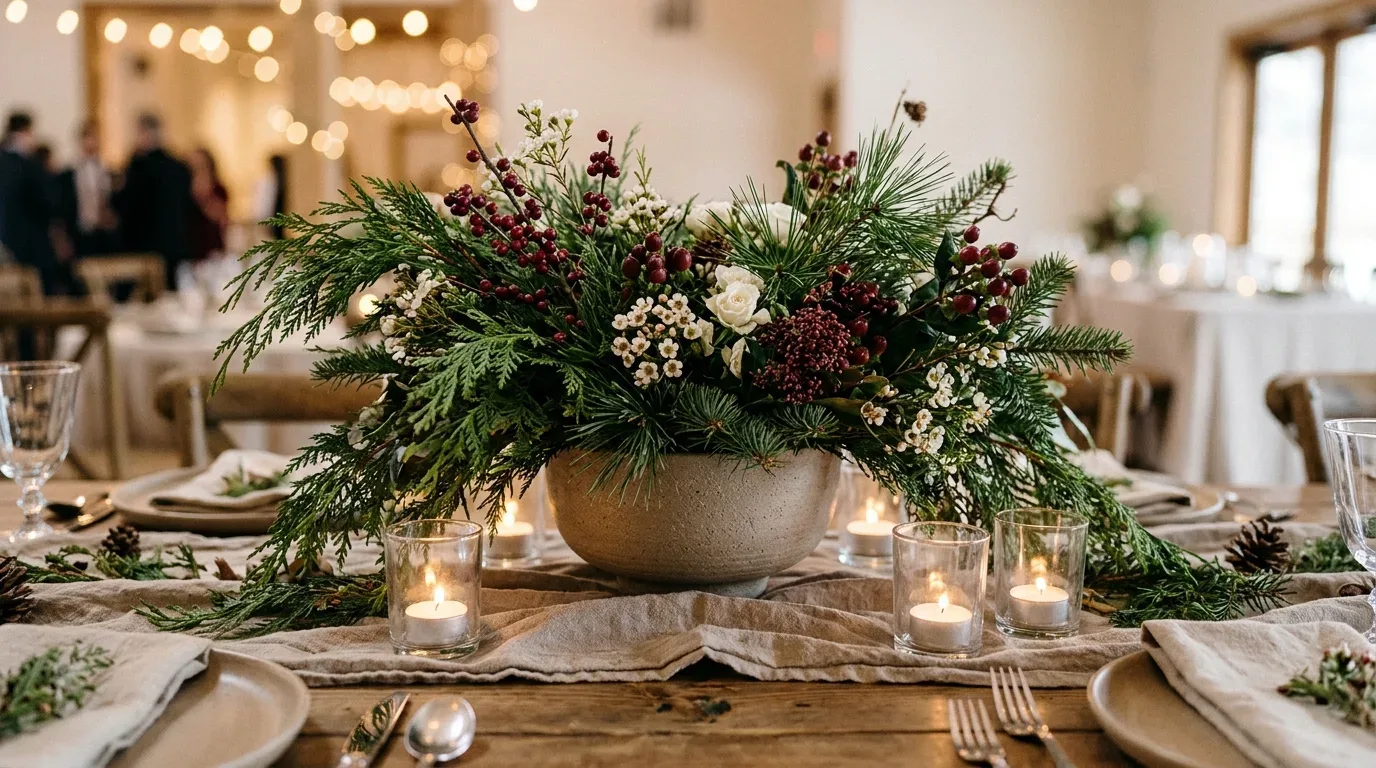 Winter wedding centerpiece with evergreen branches, decorative red berries, and white flowers.