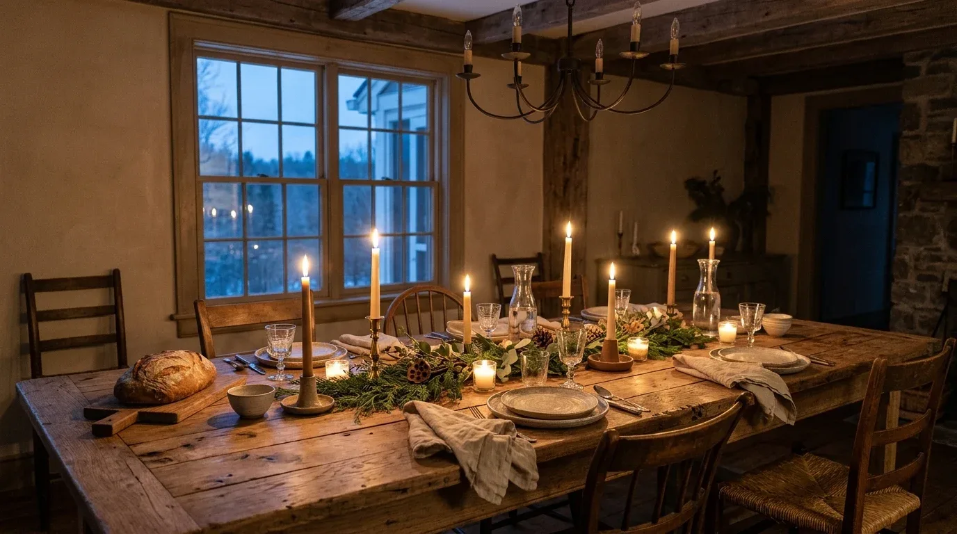 Intimate winter farmhouse dining table glowing with candlelight and understated seasonal greenery.