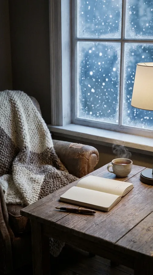 An open journal and cup of tea beside a snowy window in a quiet winter evening nook.