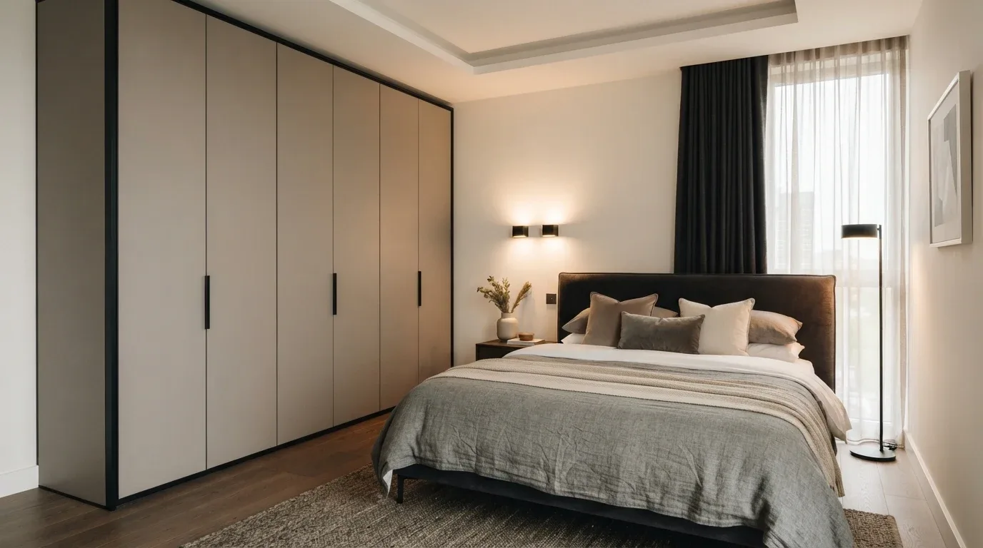 Sleek taupe and black wardrobe design in a contemporary neutral bedroom