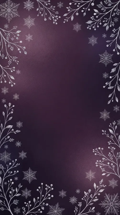 Dark plum wallpaper with delicate silver snowflakes and frosted winter branches.
