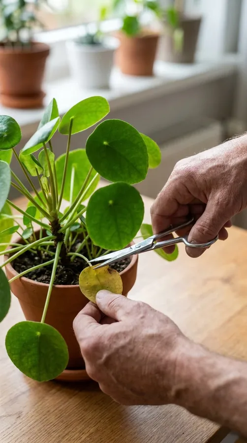 Pruning a yellowing leaf from a Chinese money plant with clean scissors.