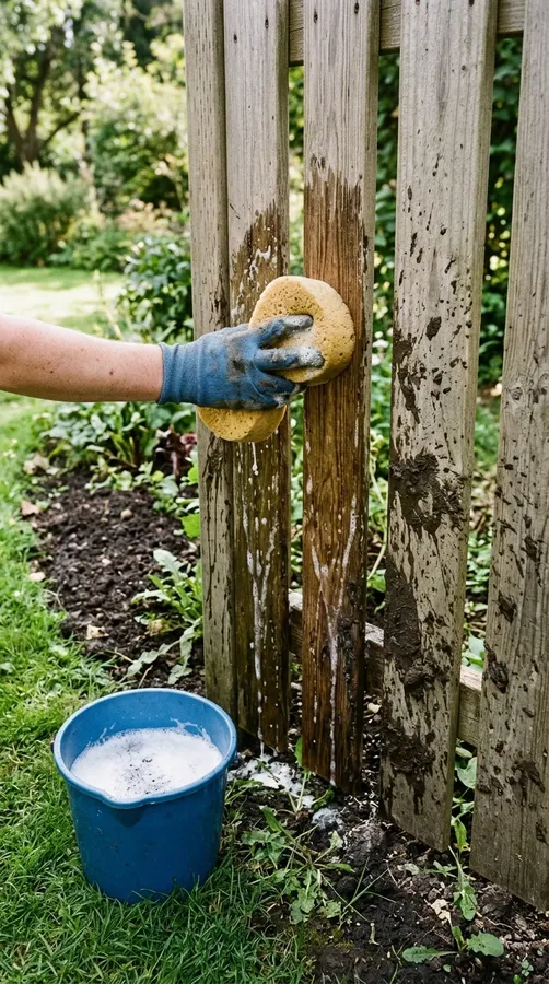 Cleaning muddy splash marks from the lower boards of a backyard wood fence.