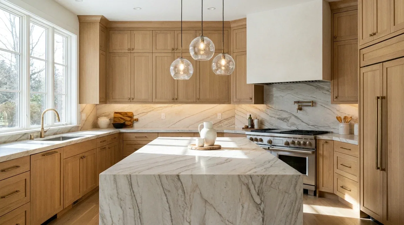 Ivory quartzite kitchen countertop with graceful natural veining.