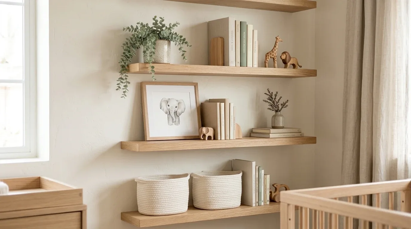 Open nursery shelves styled with wooden safari animals, books, and woven baskets.