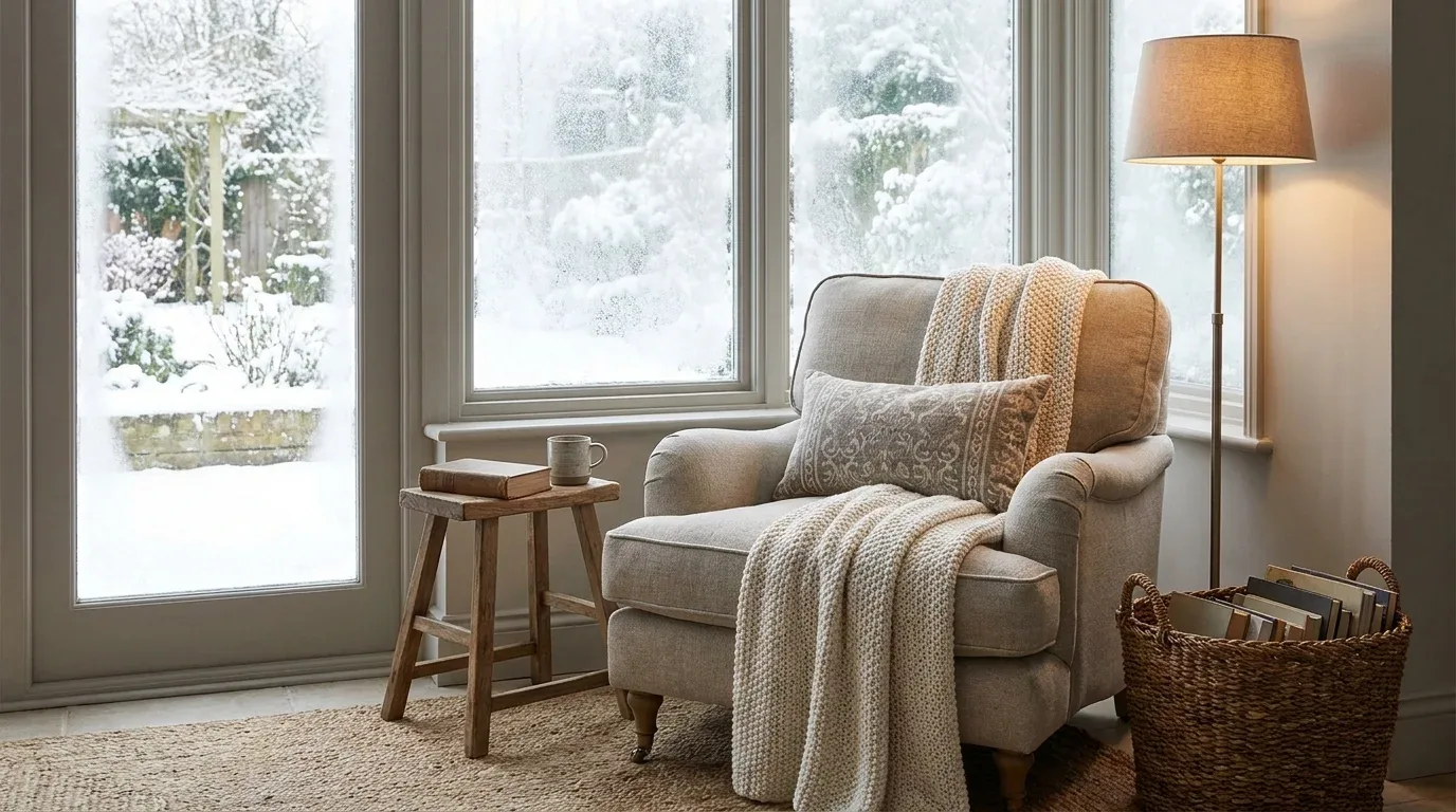 Cozy winter reading nook with an armchair, knitted throw, books, and warm floor lamp.