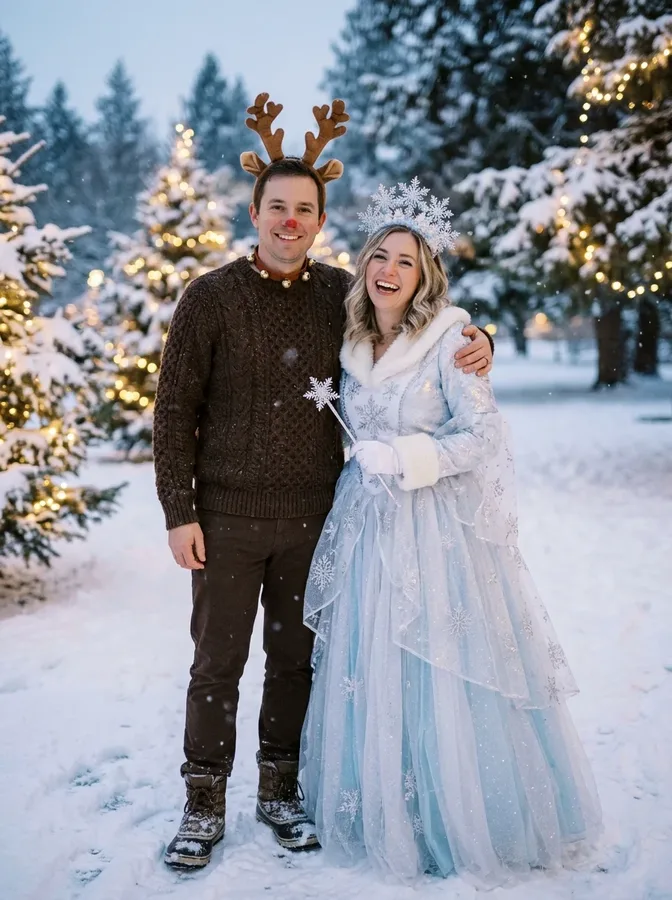Regal King and Queen of the North costumes in an elegant winter palace setting.