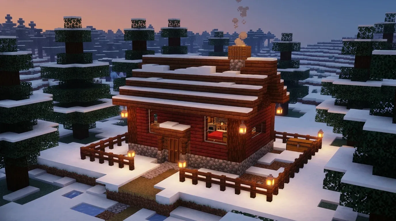 Small Minecraft snowy biome starter house with a spruce exterior, cobblestone foundation, lit windows, and fenced yard.