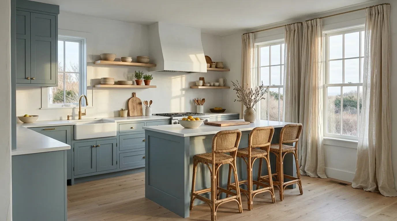 Pale blue ceramic tile backsplash brightening a kitchen with white cabinets and warm lighting.