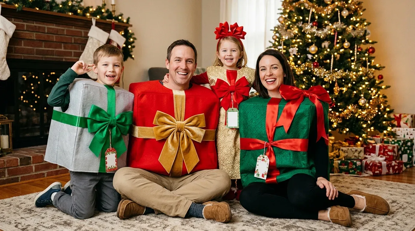 Family dressed as beautifully wrapped Christmas presents with colorful bows and ribbons.