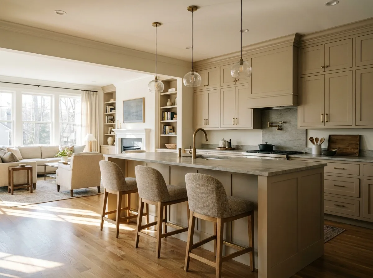 Open kitchen with floating wooden shelves displaying neatly arranged dishes and glassware.