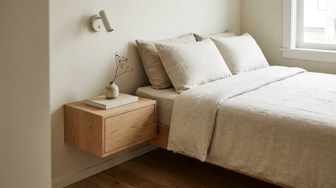 Small green houseplant on a floating shelf adding natural color to a compact bedroom.