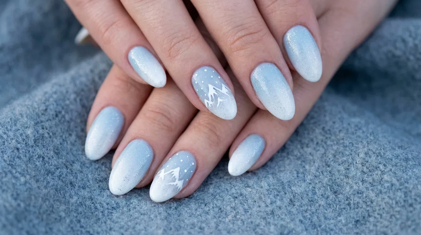 Icy blue and white ombre nails with delicate snowy mountain silhouettes and falling snow.
