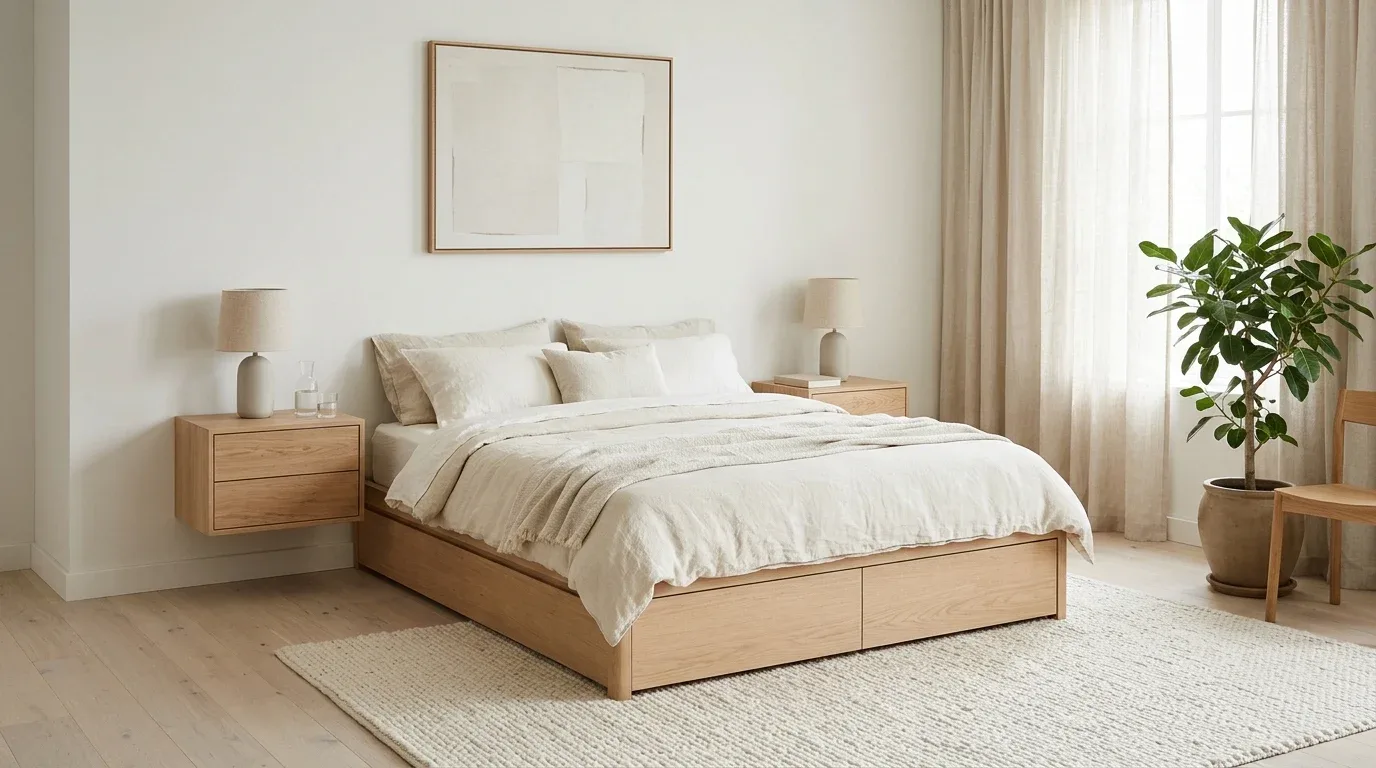 Minimalist Scandinavian bedroom with functional floating oak bedside tables.