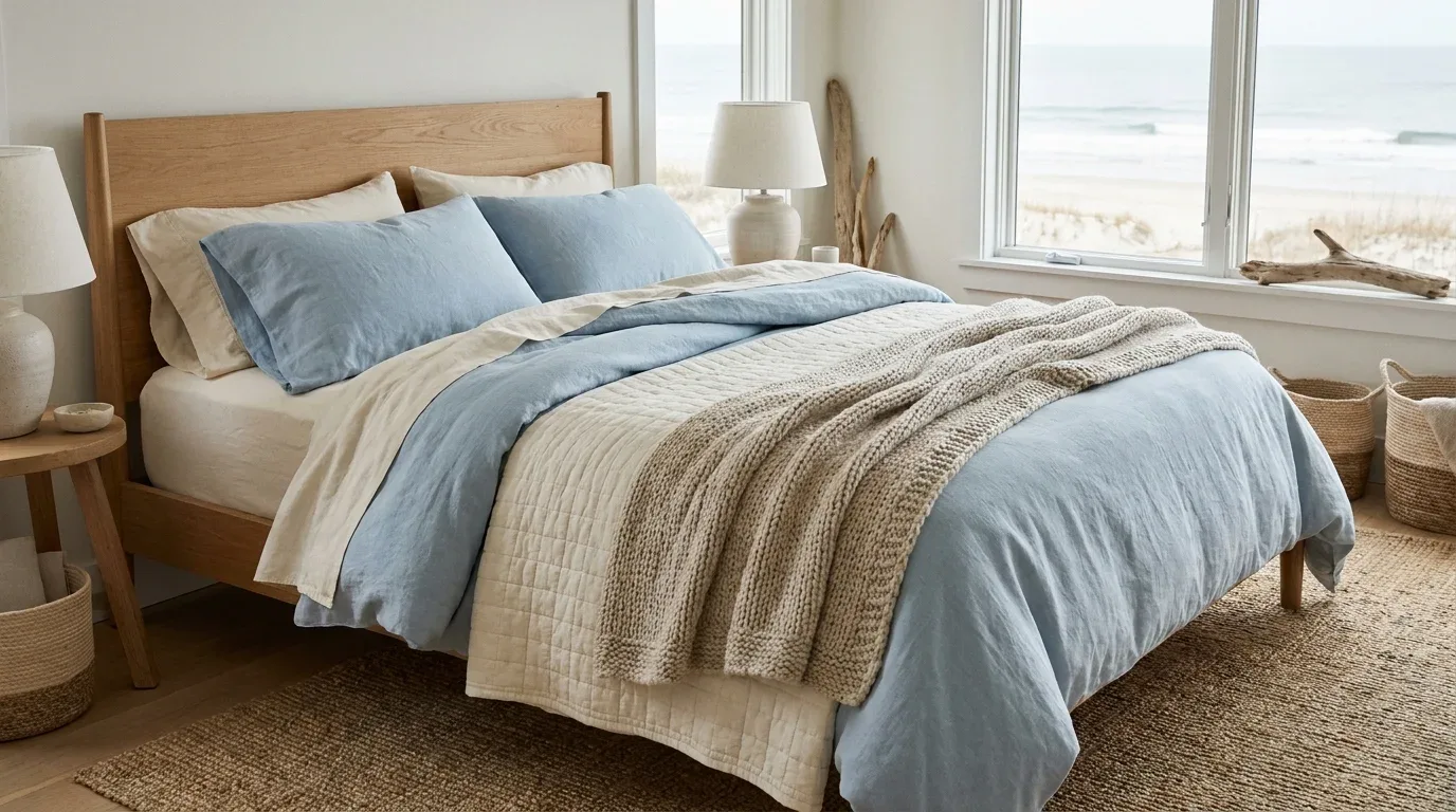 Pale blue linen bedding layered with an ivory quilt and warm wool throw in a coastal bedroom.