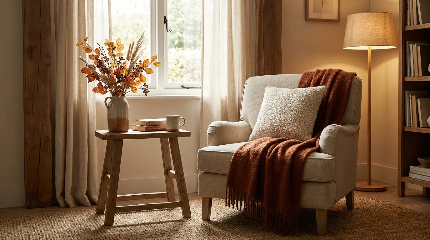 Inviting fall reading nook with an upholstered chair, knit throw, warm lamp, books, and dried flowers.