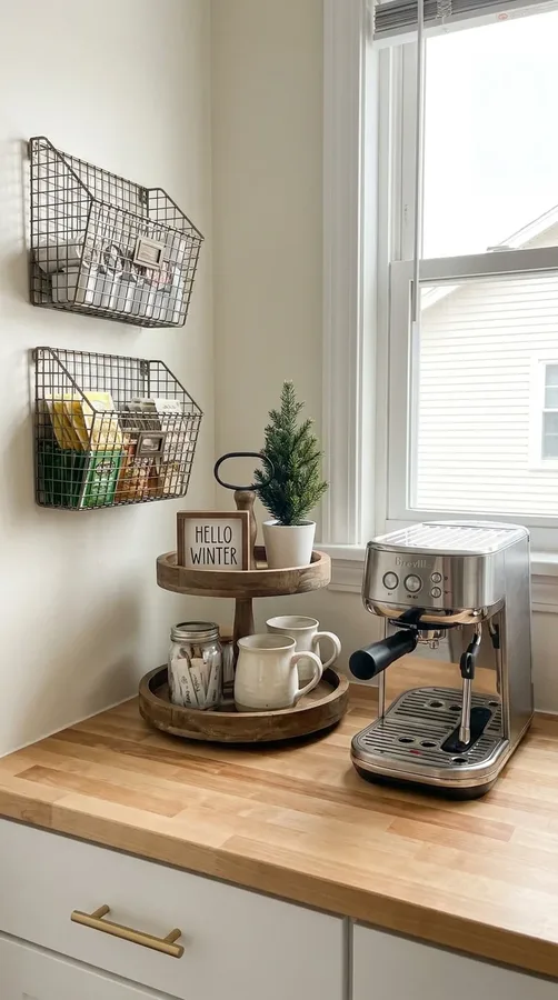 Peppermint-themed tiered coffee tray with red-and-white accents and festive mugs.