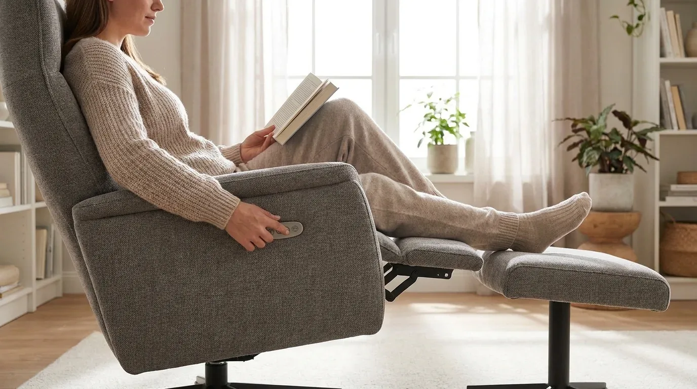 Adult adjusting a power swivel rocker to find a comfortable reading position.