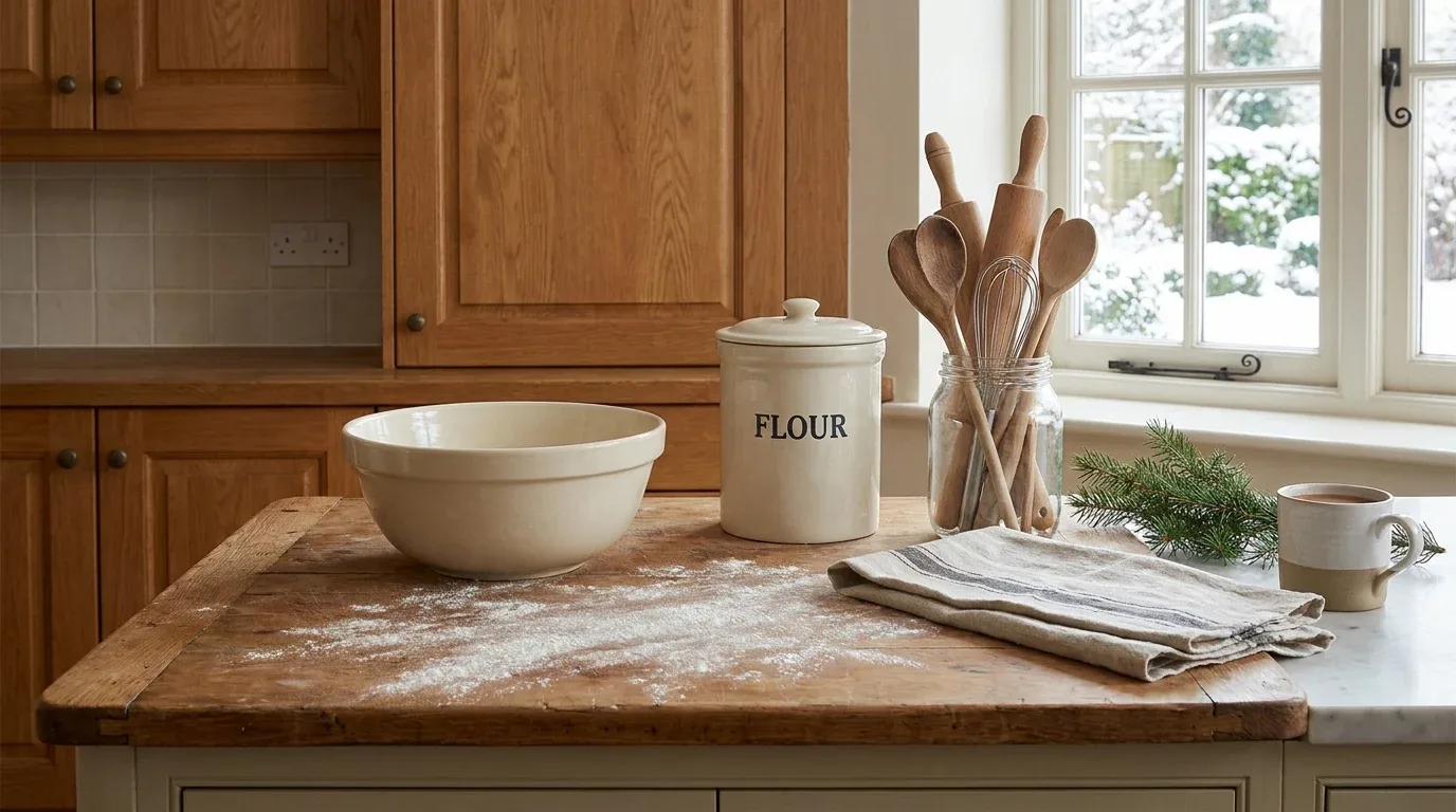 Rustic kitchen baking station with flour canister, mixing bowl and wooden tools