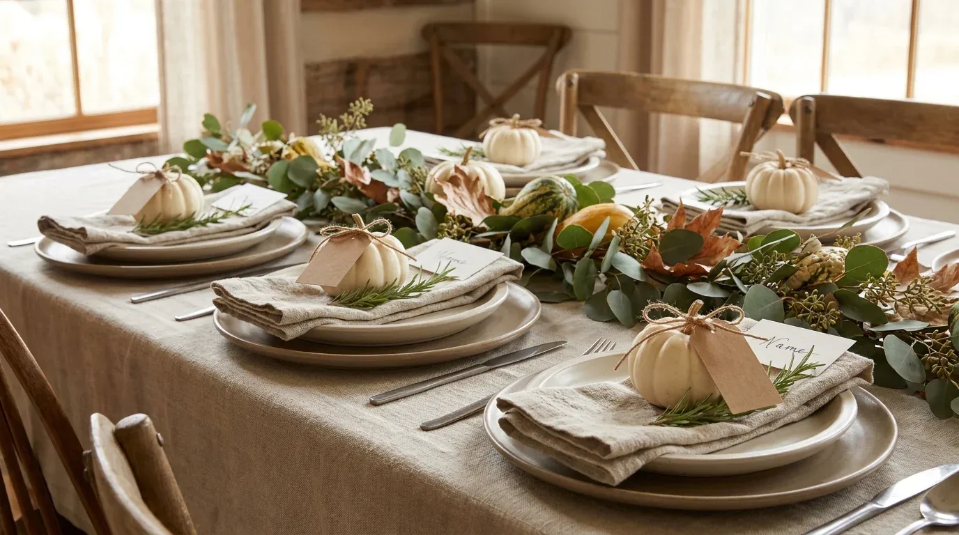 Personalized Thanksgiving place settings with name cards, mini pumpkins, rosemary, and linen napkins.