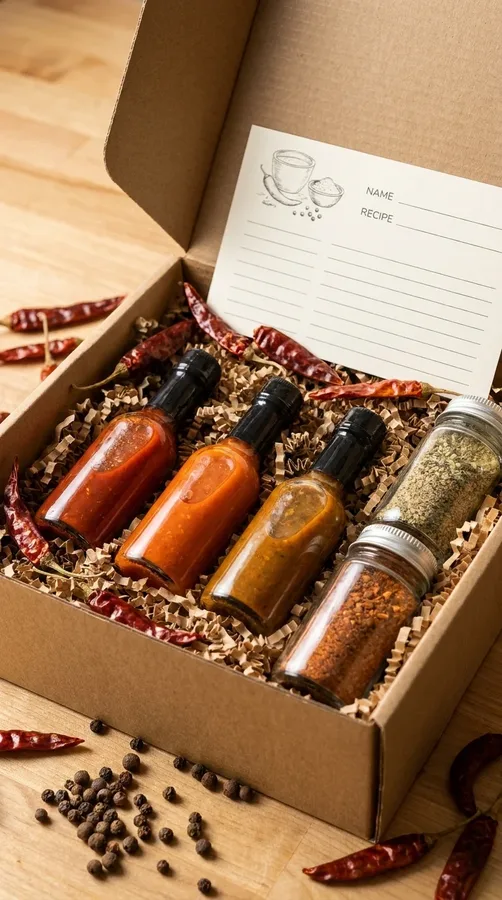 A small hot sauce and spice sampler gift box for someone who enjoys cooking and bold flavors.