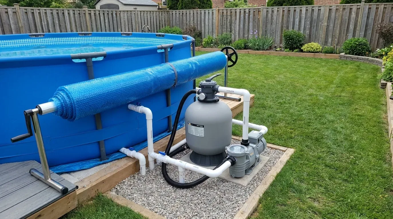 Above-ground pool with organized filtration equipment and a solar pool cover.