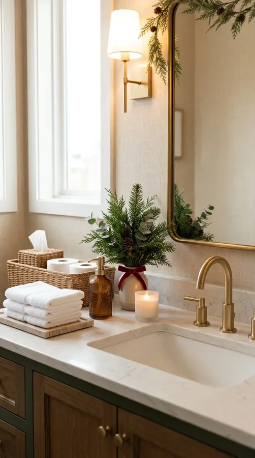 Elegant white Christmas bathroom with snowflake decor, silver accents, and soft winter textures.