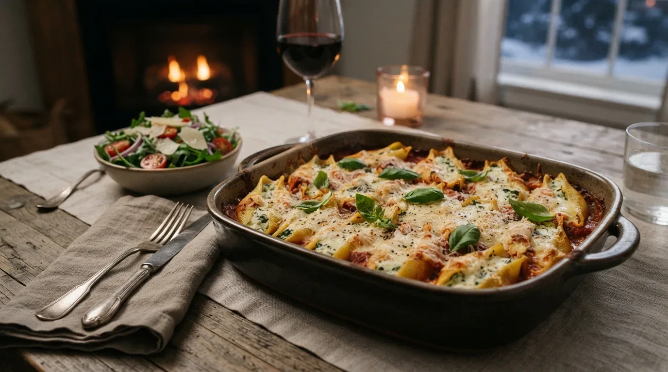 Baked spinach and ricotta stuffed shells with tomato sauce and melted mozzarella.