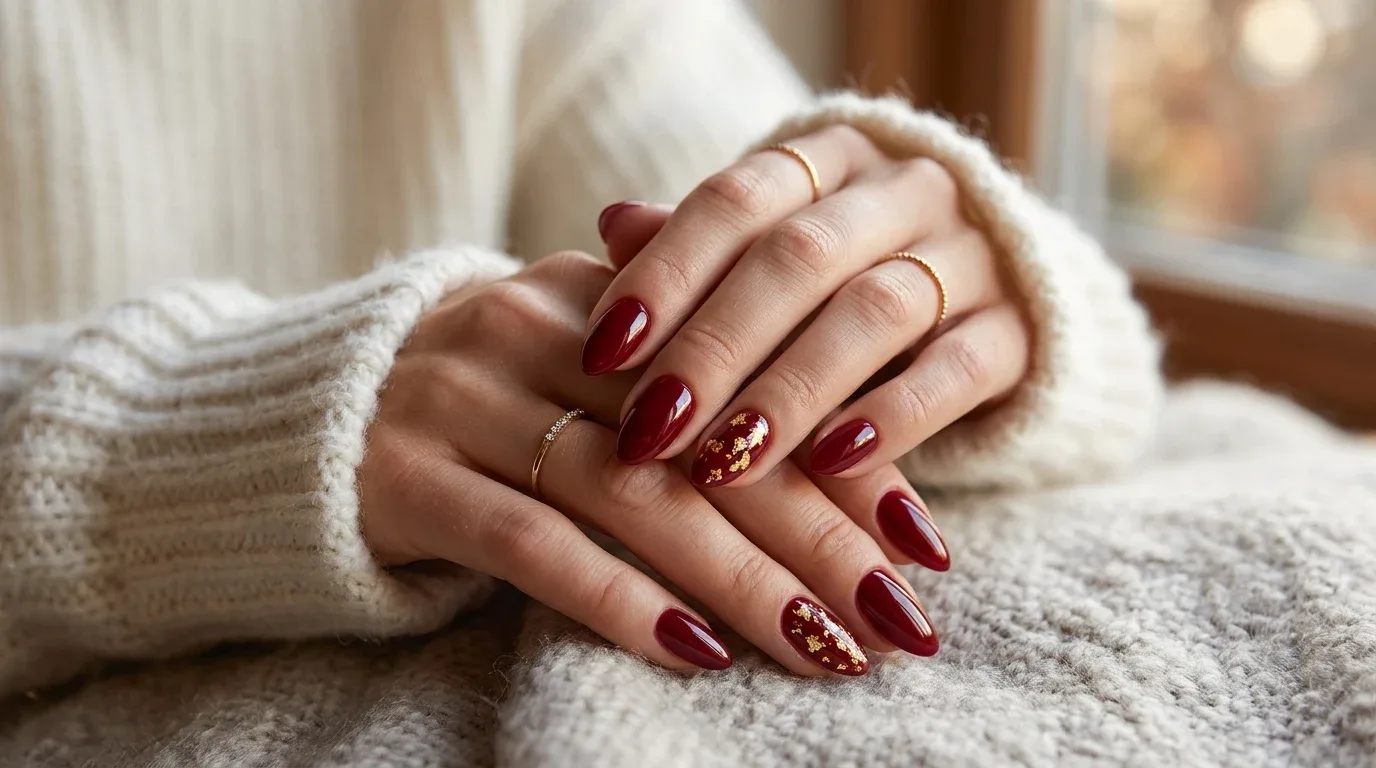Cherry red Valentine's nails with delicate gold foil accents for a luxurious winter manicure.