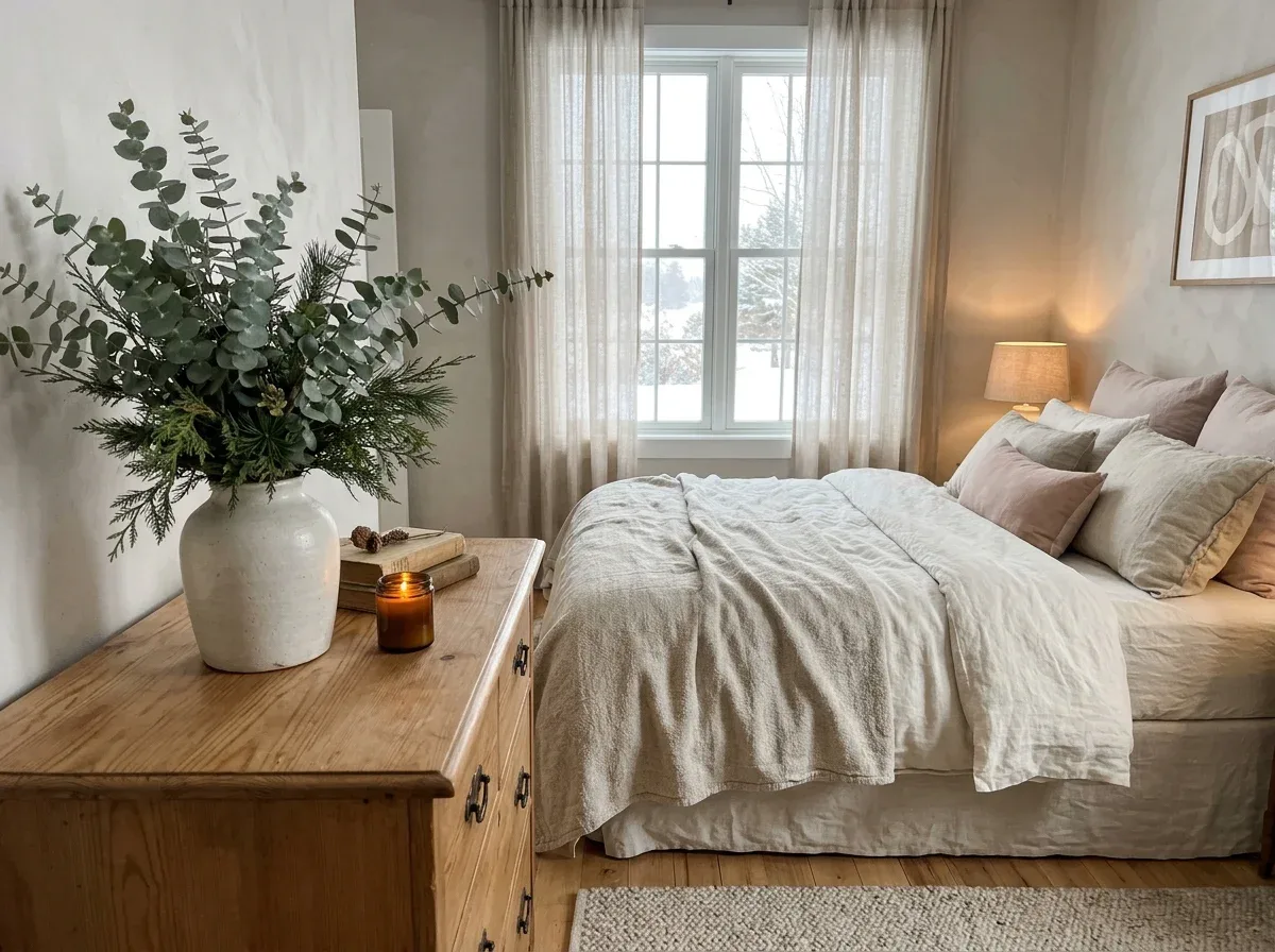 Natural eucalyptus and evergreen branches add fresh winter greenery to a romantic neutral bedroom.
