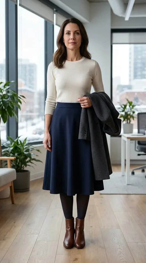 Navy A-line midi skirt, ivory knit top, tights, and ankle boots for feminine winter workwear.