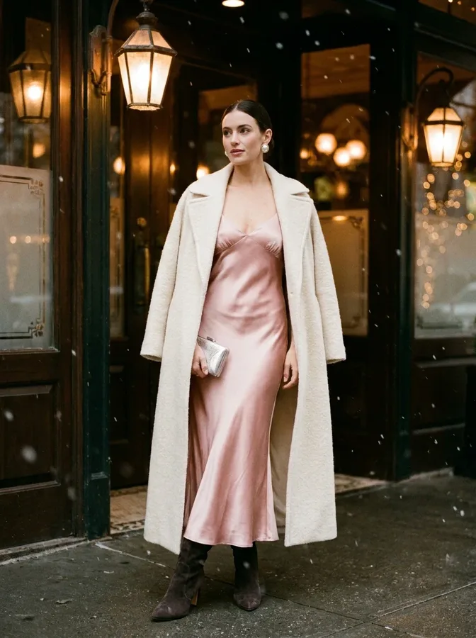Dusty-pink matching knit set styled with a cream wool coat and ankle boots.