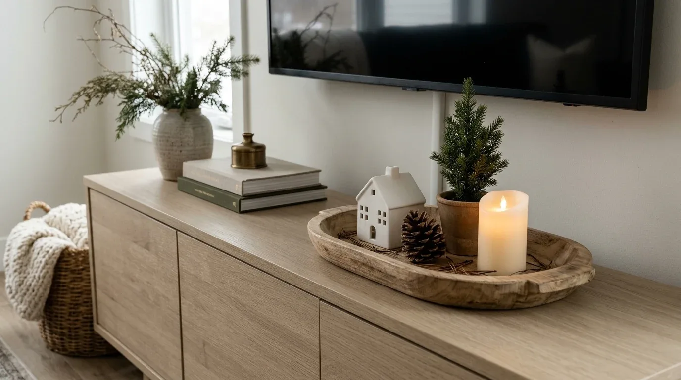 A wooden tray groups a miniature evergreen, ceramic house, pinecone, and LED candle on a TV stand.