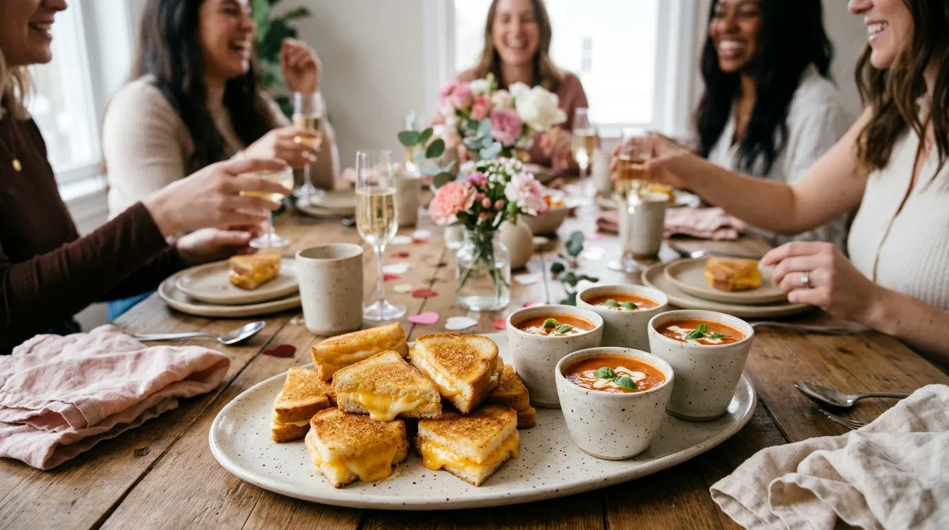 Golden mini grilled cheese sandwiches with melted cheese served alongside tomato soup.