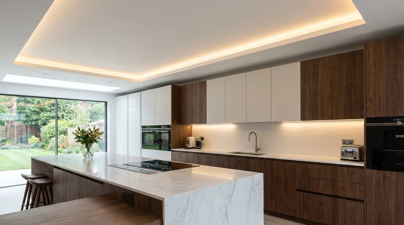 Coffered false ceiling creating a luxurious kitchen interior
