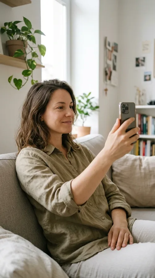 Woman holding a smartphone at a comfortable distance for balanced selfie proportions.