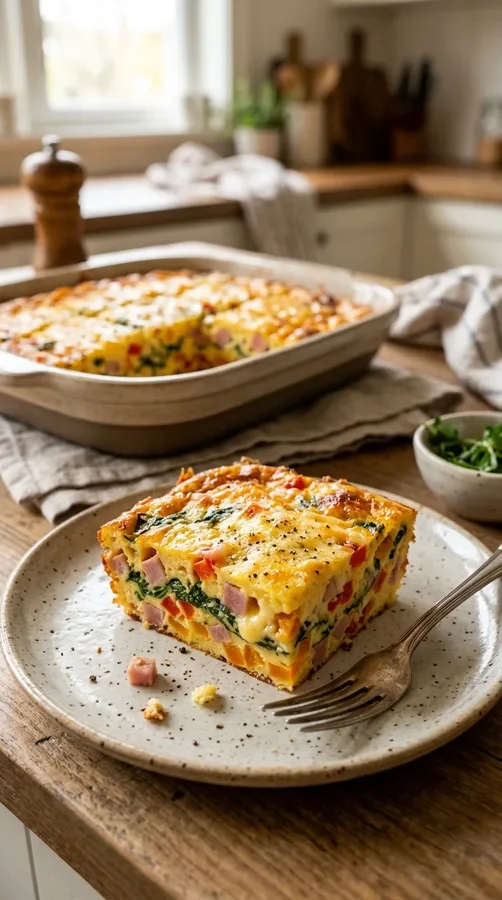 Ham and vegetable egg bake with spinach, peppers, and melted cheese.
