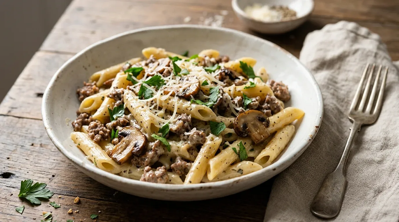 Creamy ground beef and mushroom pasta with Parmesan and parsley in a rich homemade sauce.